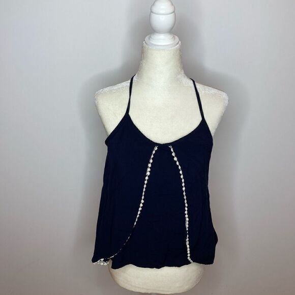 Maurices, Navy Boho Tank Crochet Lace Trim Sleeveless Spaghetti Strap Top Medium - Picture 2 of 10